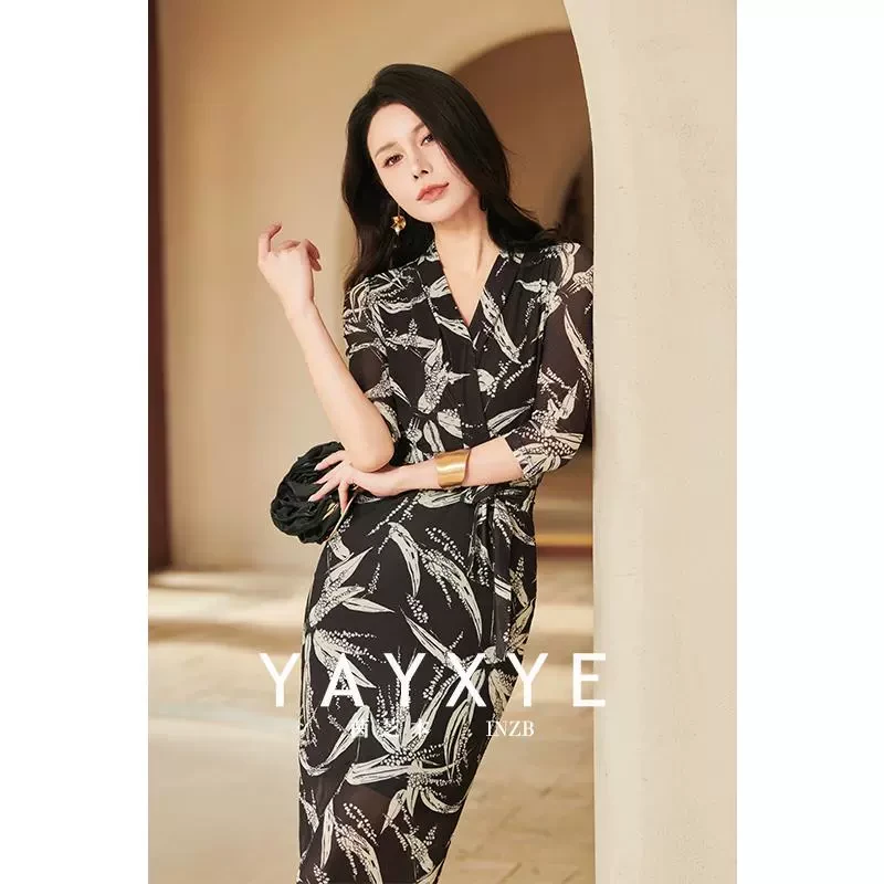 法国茵芝本INZB春季新款绑带黑色印花裹身裙法式气质显瘦连衣裙女