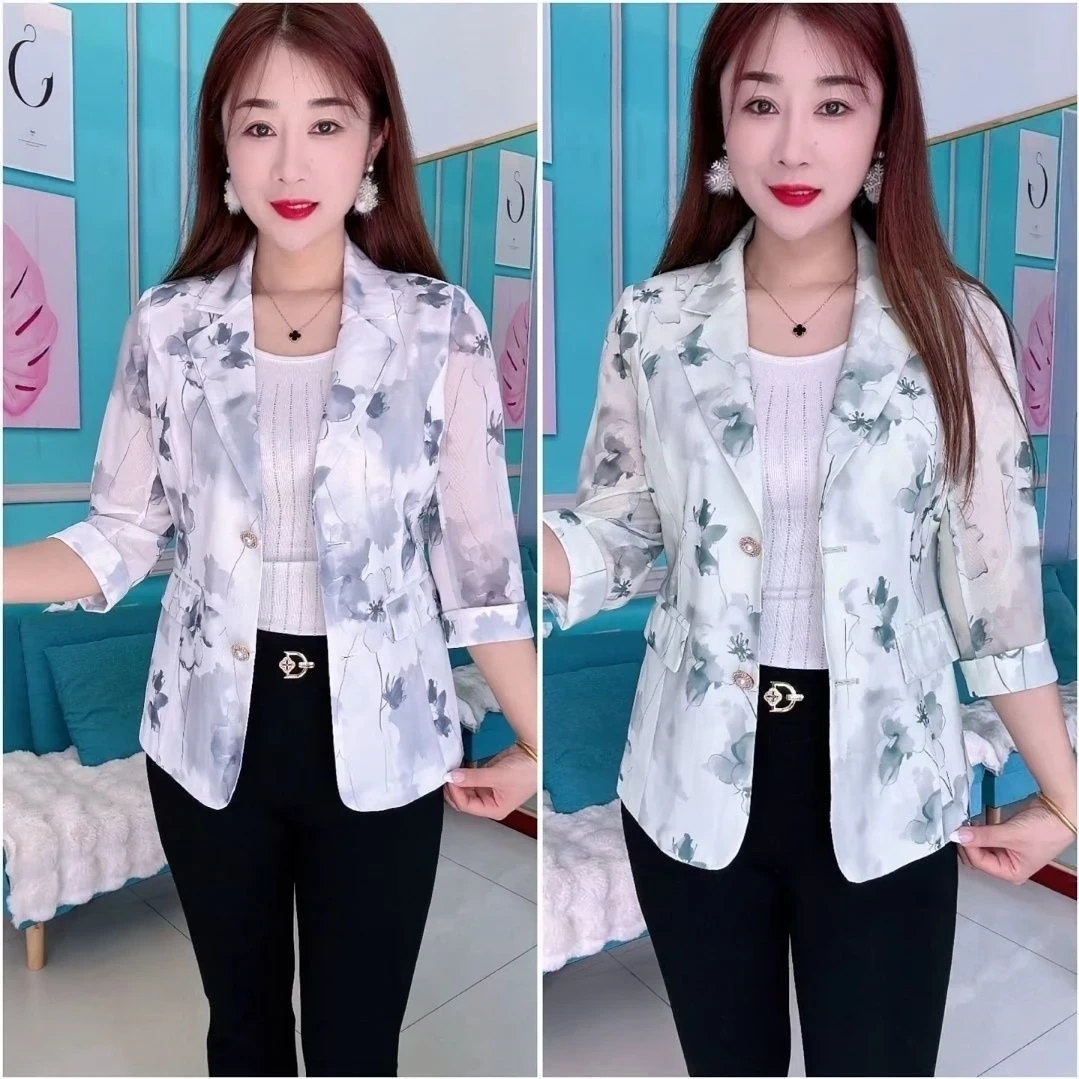 时尚薄款印花七分袖西装外套2025夏秋季新款休闲中年上衣西服女装