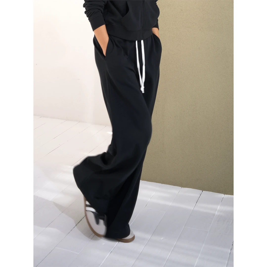 UPINLOOK基础卫裤 定织棉 炭黑色女抽绳高腰阔腿休闲长裤CC101