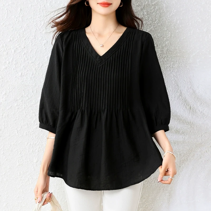 大码宽松黑色V领短袖衬衫女2025夏季新款时尚减龄显瘦设计感上衣