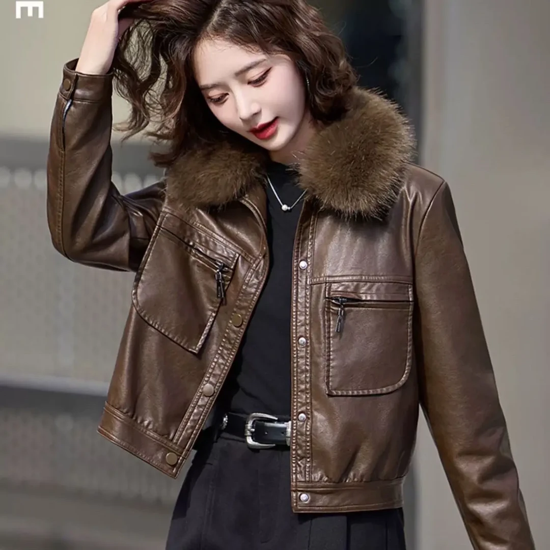 特尔丹 保罗 新款冬季女士加绒外套时尚百搭皮衣-00