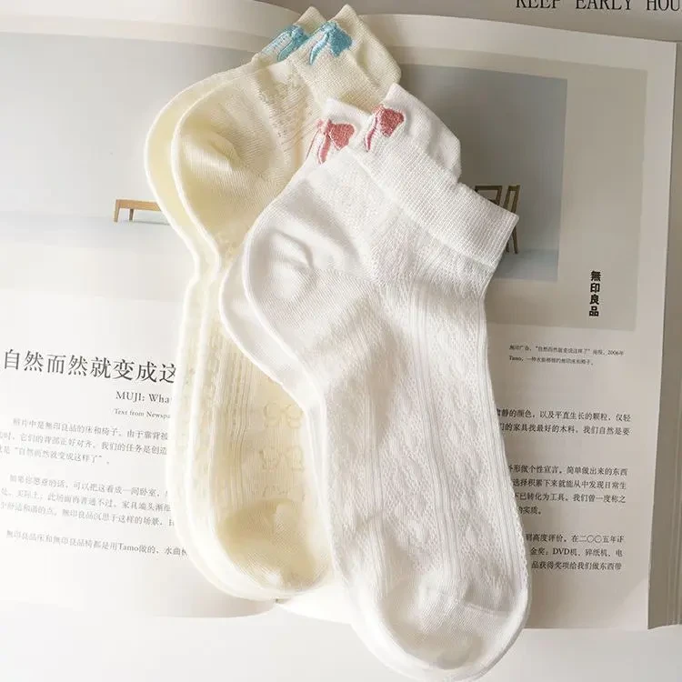 ins韩系蝴蝶结袜子女miu风少女短袜春夏季薄款网眼低帮透气新款