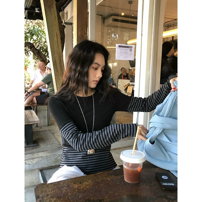 任小艺新品 高弹棉显瘦百搭圆领条纹拼接长袖Ｔ恤打底上衣女
