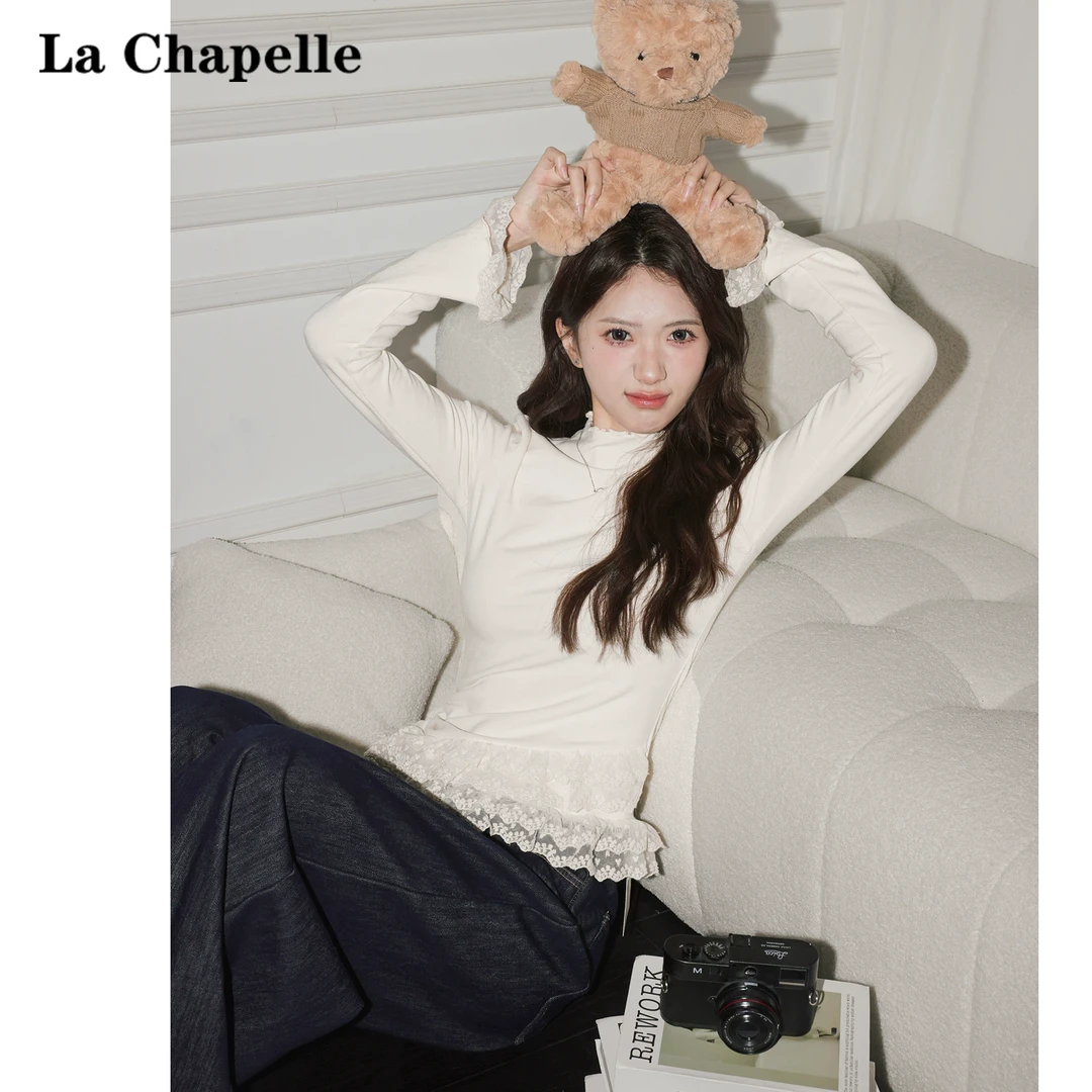 拉夏贝尔杏色蕾丝半高领T恤女2025春秋设计感chic长袖内搭上衣