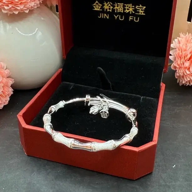 足银手镯 足银磨砂莲蓬竹节手镯