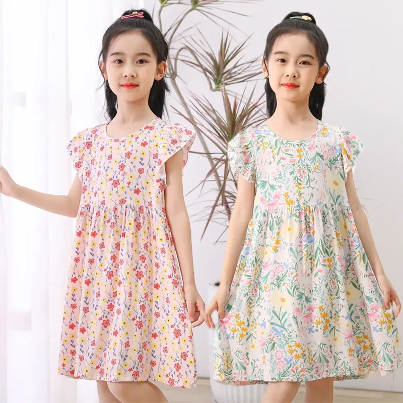 女童连衣裙棉绸夏季小女孩家居服宝宝镂空直筒中大童薄款公主裙
