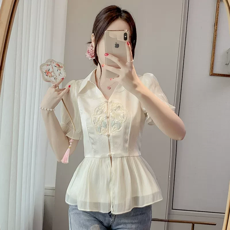 假两件雪纺短袖衬衫女2025夏季新款新中式刺绣收腰短款泡泡袖上衣