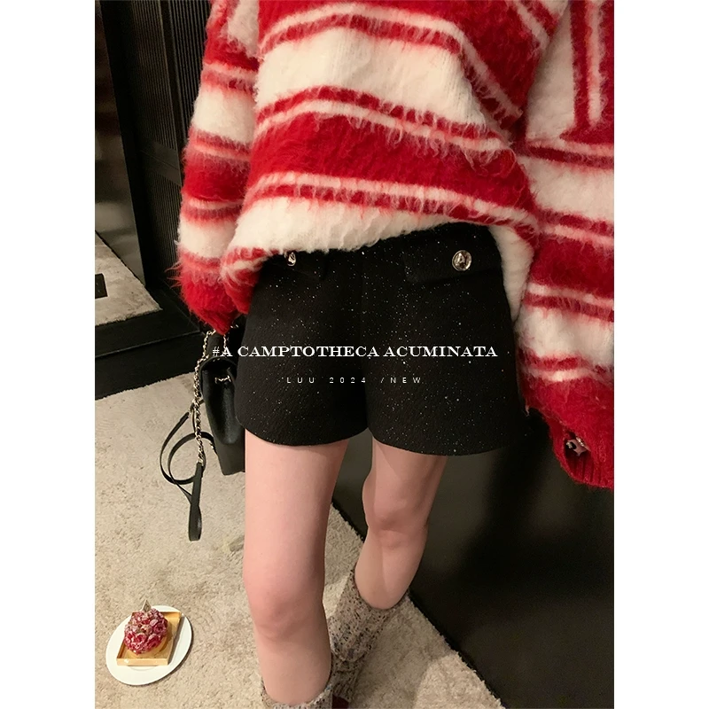 LUU桃喜儿/肌理感撒银a字短裤女秋冬高腰显瘦小个子设计感裤子