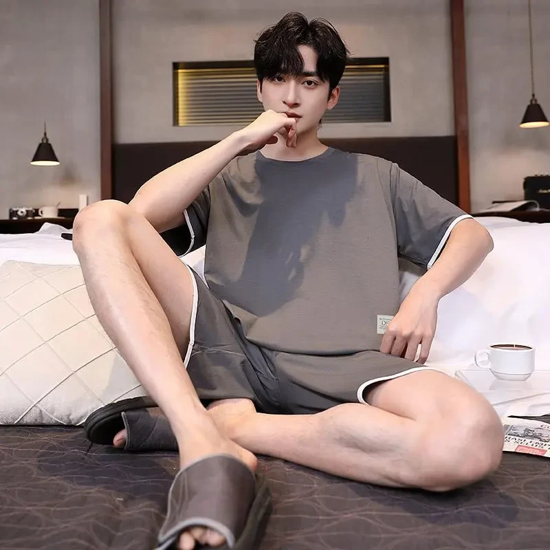 【DF灰色短裤套装】夏季冰丝感莫代尔男士睡衣圆领宽松可外穿睡衣