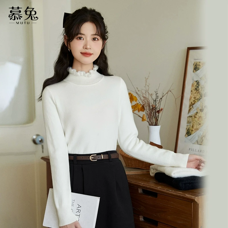 慕兔半高领内搭打底衫上衣女冬2024加绒加厚修身长袖针织毛衣