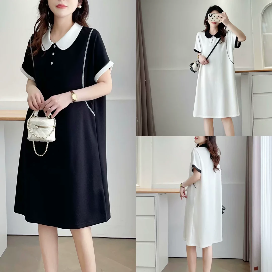 2025夏季新款韩版大码宽松休闲百搭显瘦短袖连衣裙中长款撞色T恤
