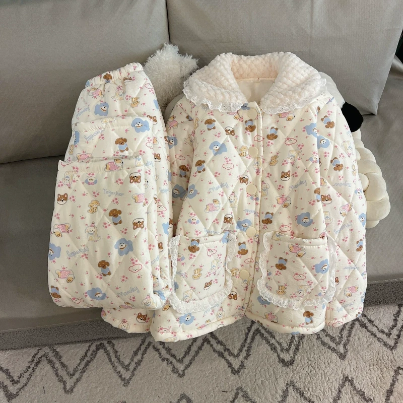 睡衣女春秋冬季三层加厚云朵棉夹棉加绒可外穿保暖小狗套装家居服