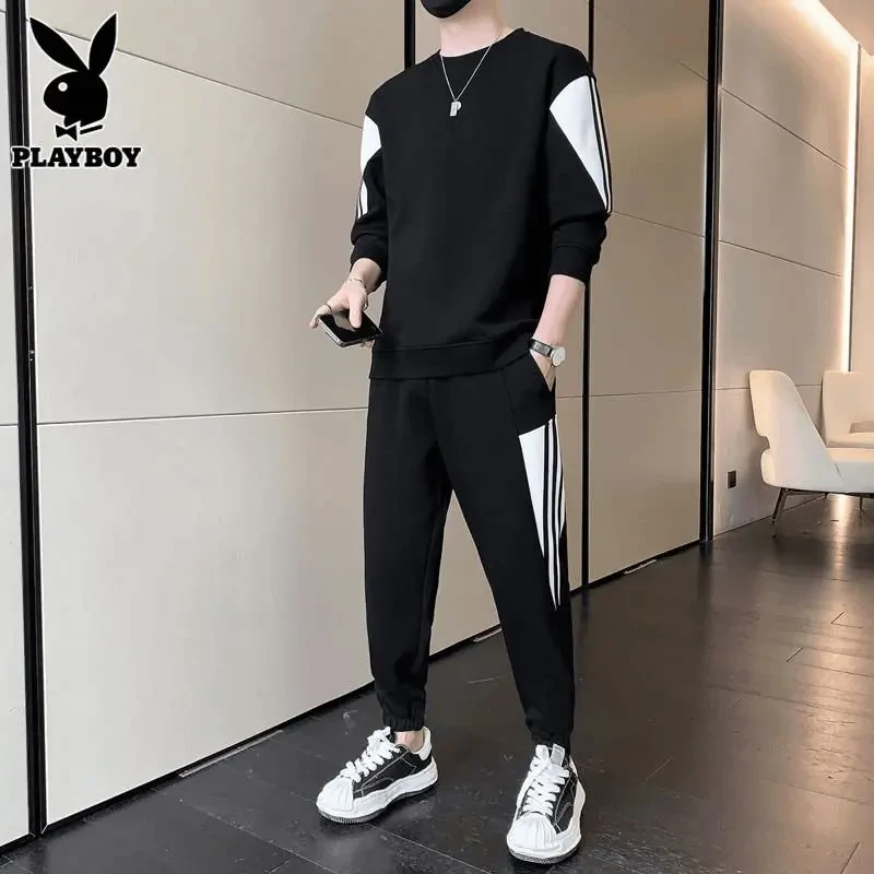 花花公子秋季休闲套装男士撞色卫衣新款潮牌搭配运动束脚长裤一套