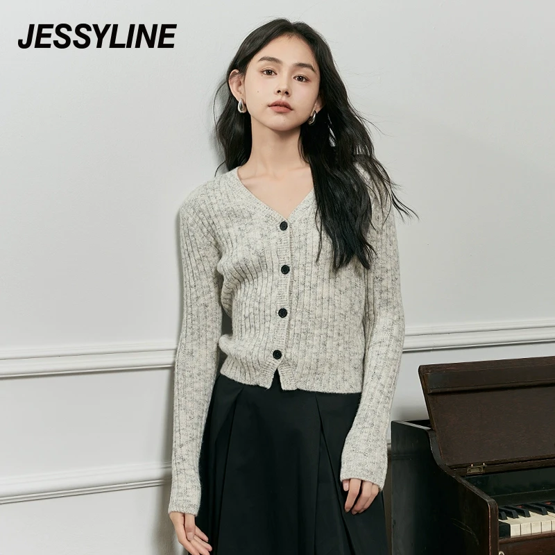 jessyline杰茜莱灰色修身显瘦v领针织开衫女秋新短款百搭打底毛衣