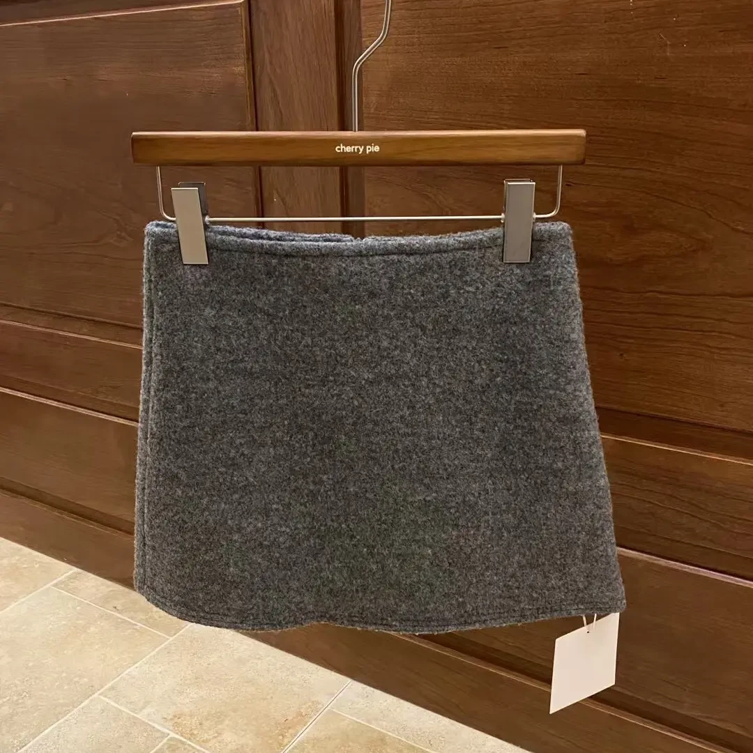 韩版高腰显瘦气质百搭灰色毛呢A字包臀半身短裙