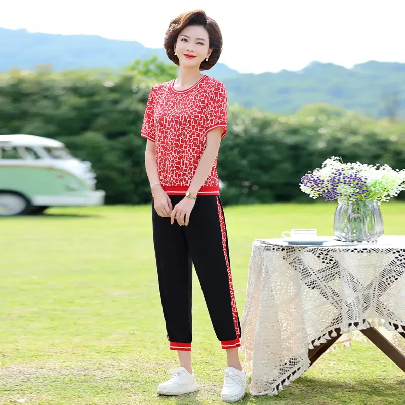 妈妈夏装时尚印花短袖上衣中年女夏季洋气中老年休闲大码运动套装