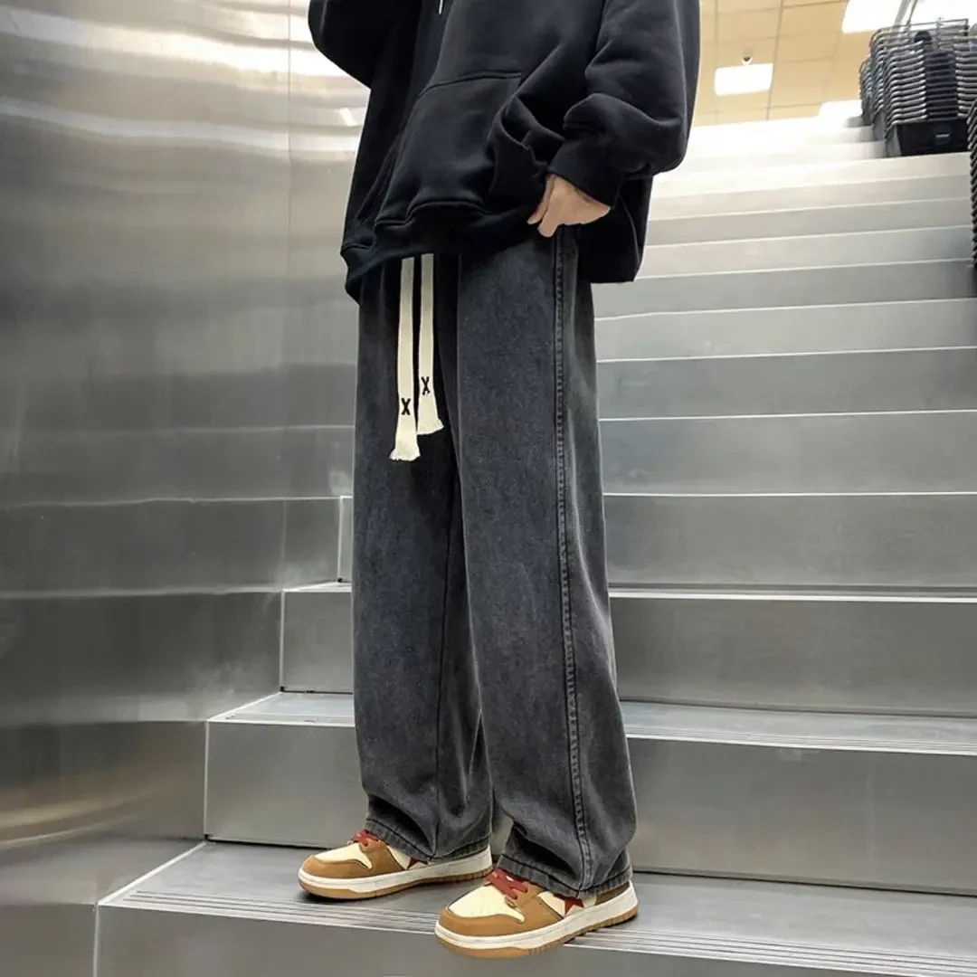 男款春季牛仔裤直筒宽松潮牌阔腿美式高街百搭松紧腰休闲长裤男生