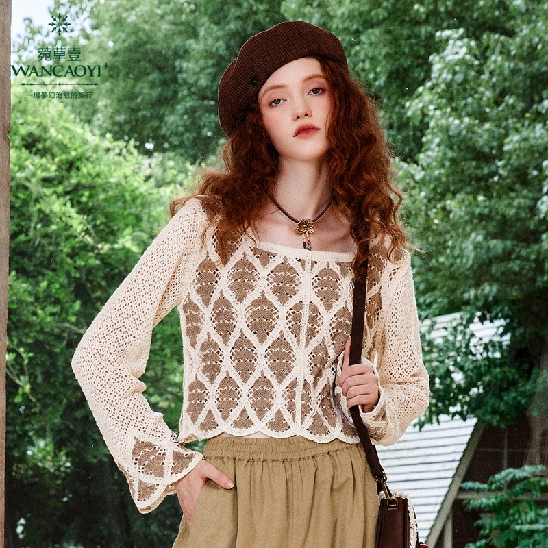 菀壹2025春季新款蕾丝显瘦长袖短款时尚镂空宽松小衫X41730411