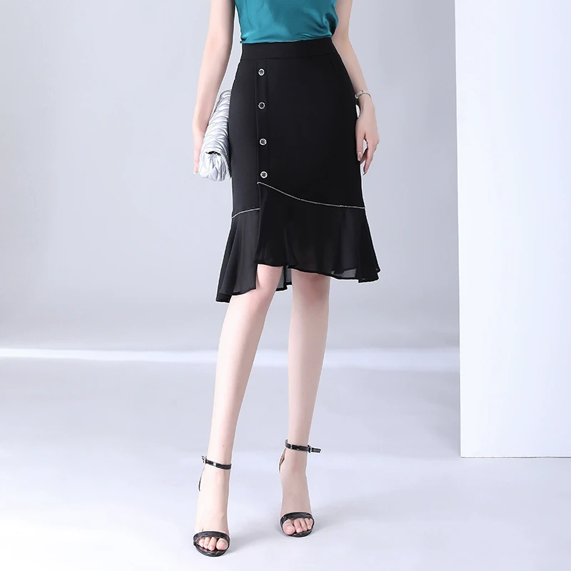黑色鱼尾半身裙女夏季设计感高腰雪纺中裙2025新款显瘦a字包臀裙