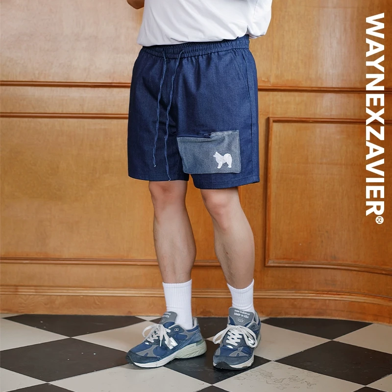 韦恩泽维尔加肥加大宽松大码松紧腰撞色绣花牛仔短裤休闲裤男9028