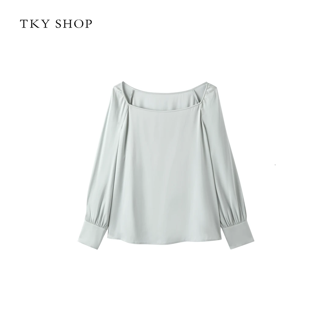 TKYSHOP一字领长袖桑蚕丝衬衫宽松气质优雅气质上衣 10H1JA00B069