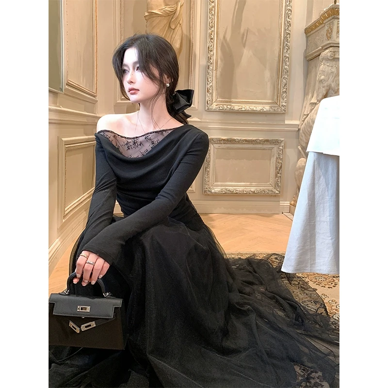 梅子熟了「捕梦网」优雅芭蕾风斜肩蕾丝针织衫女春秋显瘦设计感上衣