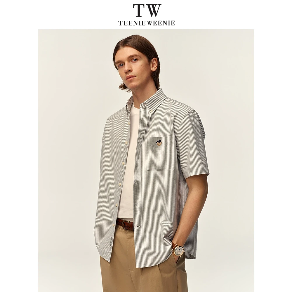 TeenieWeenie小熊男女同款纯棉条纹短袖衬衫2025夏季新款休闲上衣