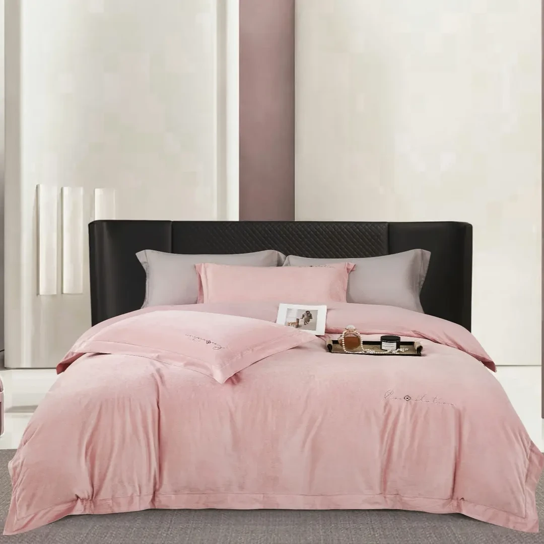 柔丝棉+慕丝绒双面两用防滑床笠床品套件刺绣四件套