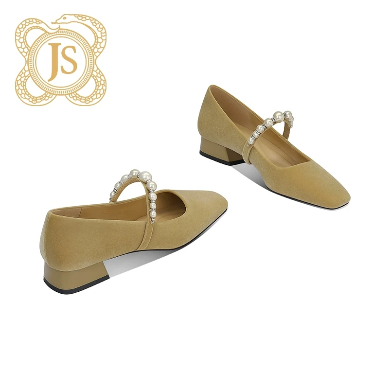 已开价，0195D52524Z春秋新款单鞋方头珍珠一字带浅口粗跟玛丽珍鞋