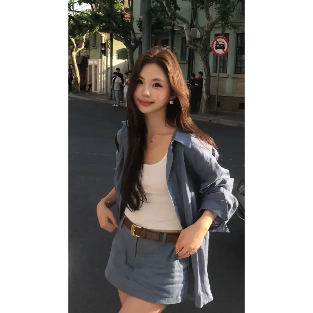 夏季网红洋气炸街女装洋气ins宽松开衫薄时尚衬衫辣妹a字裙半身裙