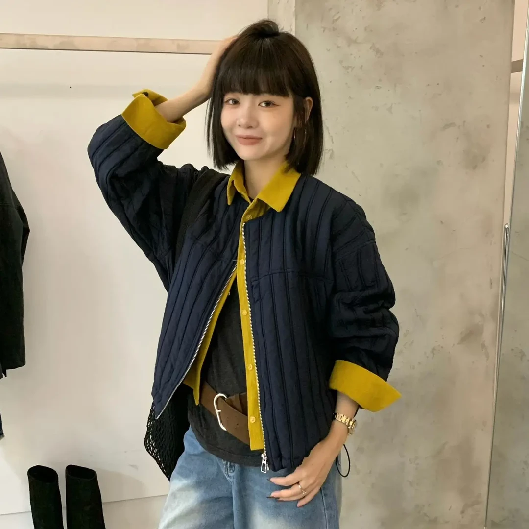 宽松型时尚拼接条绒领百搭夹棉韩版秋季短外套