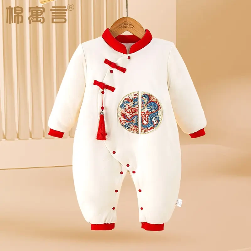 秋冬季宝宝哈衣婴儿衣服纯棉夹棉连体衣爬服满月百天国风外出加厚