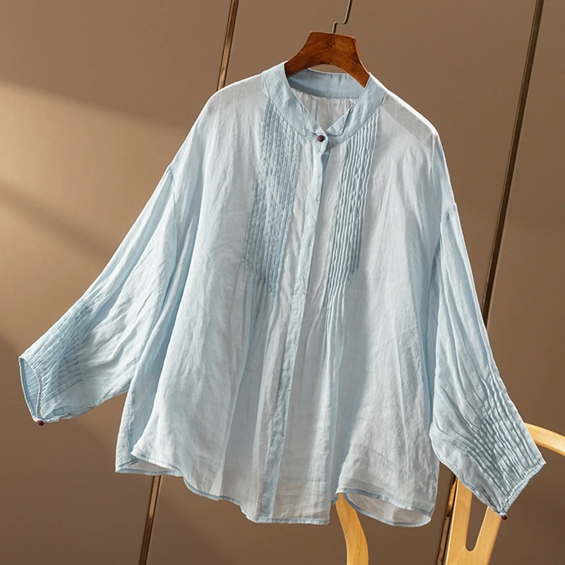 春天家 法G纸片人 设计师塔克褶 欧标苎麻宽松显瘦衬衫女1Z04