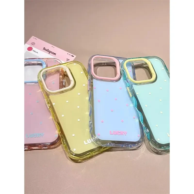 蓝底粉镜满屏波点英文适用苹果16pro手机壳iPhone15新款14全包13