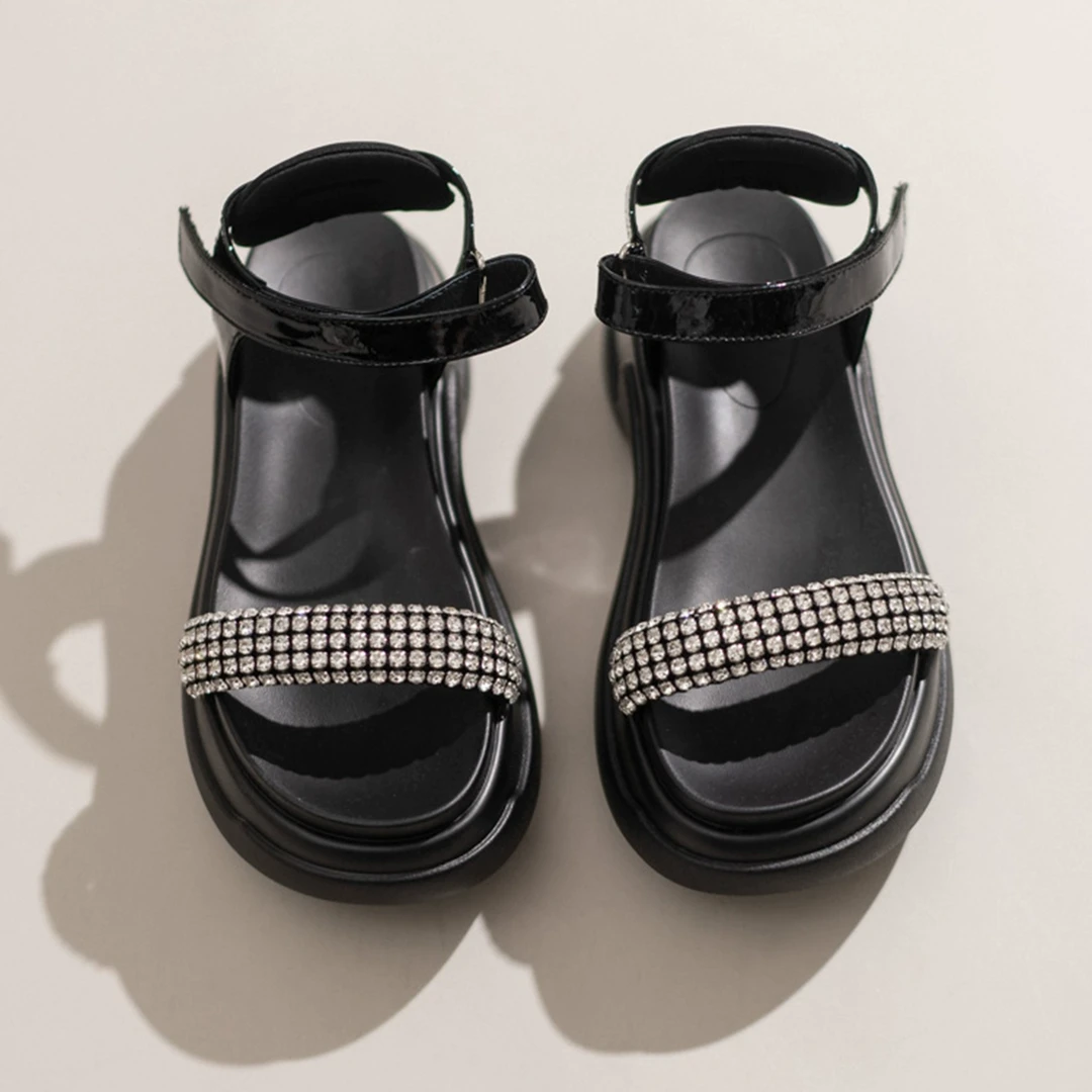 23ZUAI32【一字水钻贴心凉鞋】法式手工钻条厚底松糕凉鞋 增高6cm