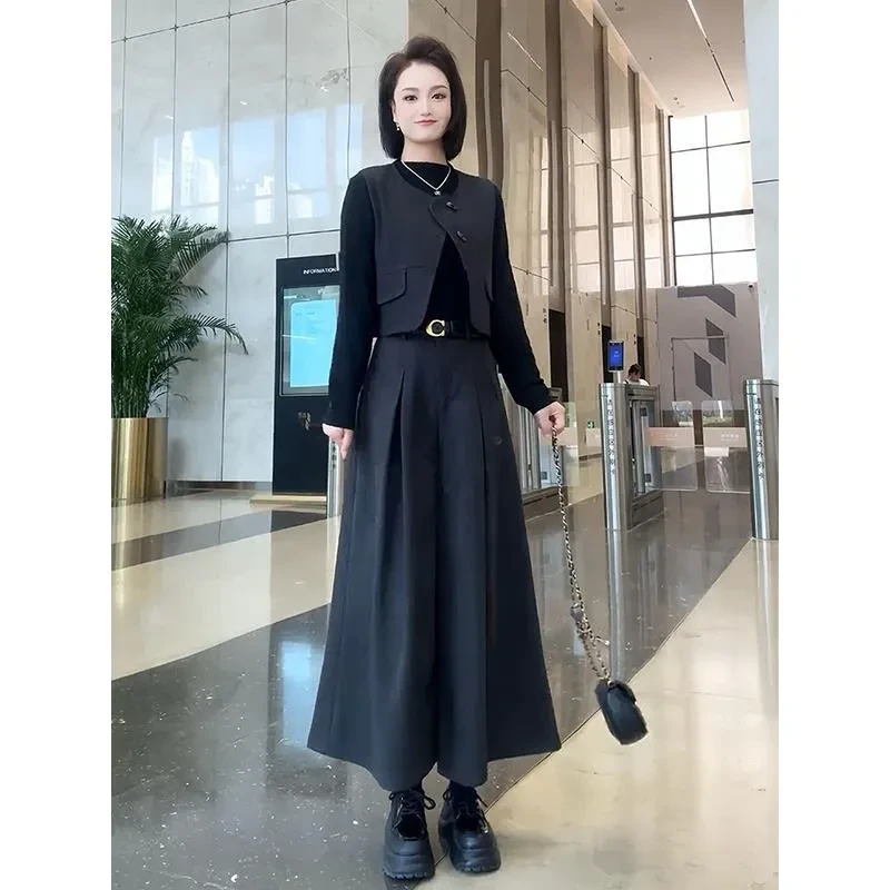 韩系减龄套装女2025秋季新款减龄马甲长袖打底衫九分阔腿裤三件套