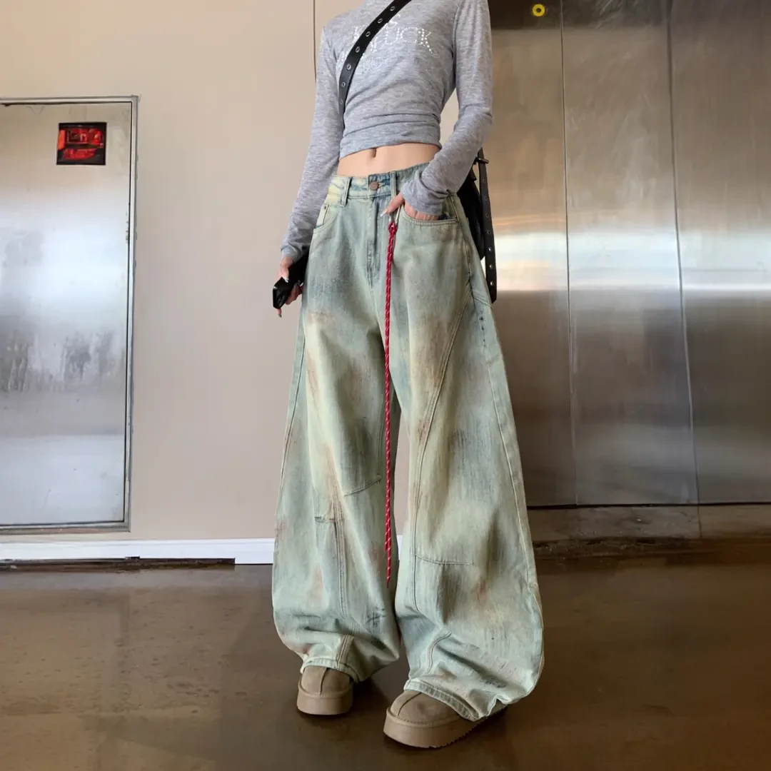 显瘦美式复古脏染做旧解构弯刀牛仔裤女春秋新款宽松阔腿拖地长裤