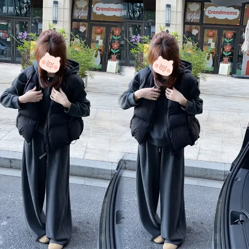 2025年秋季新款穿搭一整套时尚百搭卫衣搭配马甲休闲裤三件套女潮