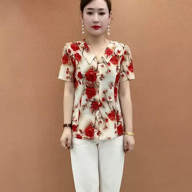 宽松J休闲中年女装时尚气质短袖小衫夏季显瘦碎花妈妈装女士衬衫