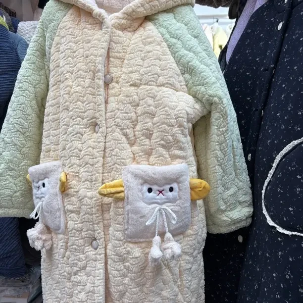 冬季三层夹棉立领拉链加绒加厚保暖女士睡袍家居服套装