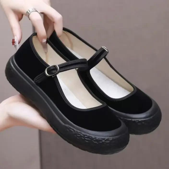 2025春季新款老北京布鞋女黑色厚底舒适上班工作鞋软底防滑妈妈鞋