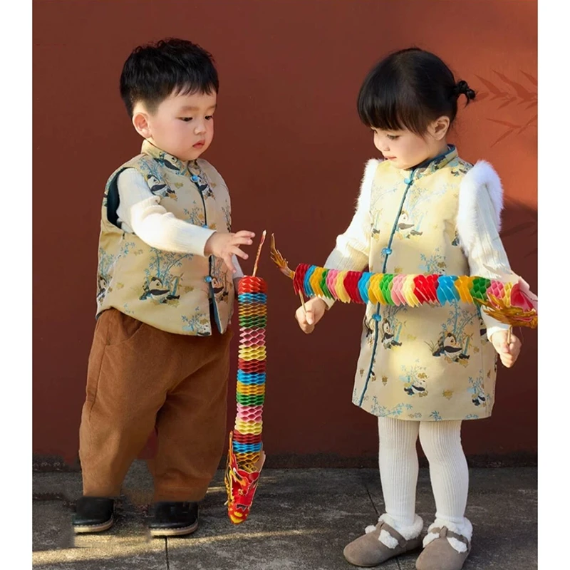 现货）童装男女童新中式套装秋冬款国风唐装黄色马甲背心裤子