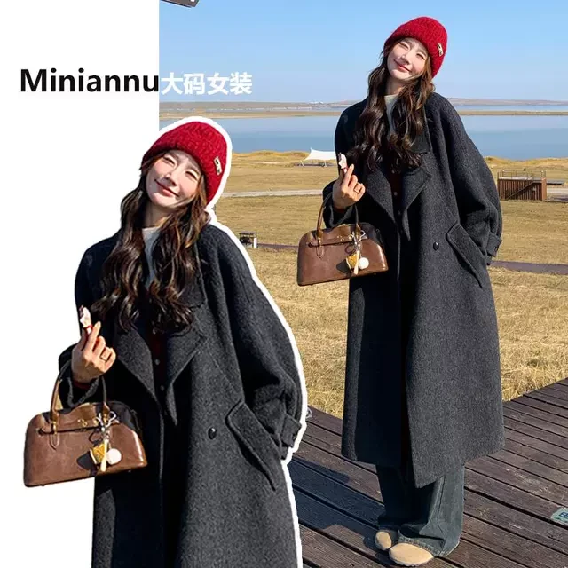 300斤大码女装高端灰色毛呢外套女胖mm韩系高级感休闲呢子大衣潮