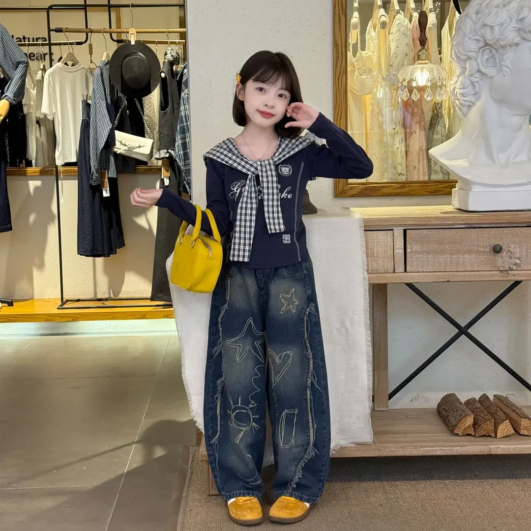 女童2025春秋新款宽松刺绣毛边牛仔裤甜酷时尚洋气休闲披肩上衣潮