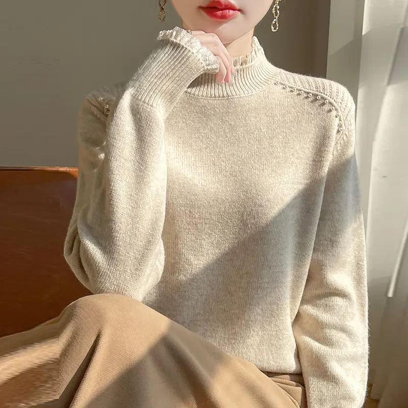 100纯羊毛衫女秋冬蕾丝边内搭针织显瘦打底衫宽松百搭套羊绒毛衣