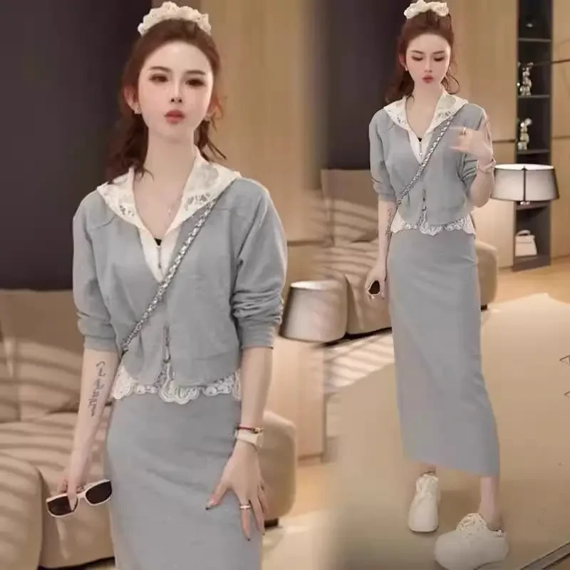 时尚连衣裙女2025春季新款洋气蕾丝拼接连帽外套高腰半身裙两件套