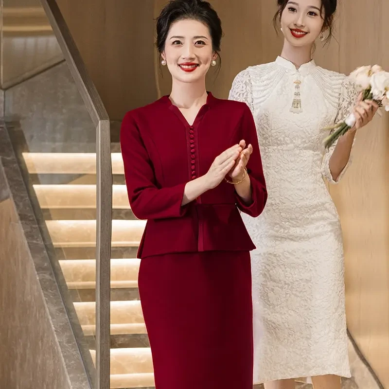 妈妈婚宴礼服秋冬长袖旗袍裙年轻丈母娘喜婆婆婚礼高端酒红色喜服