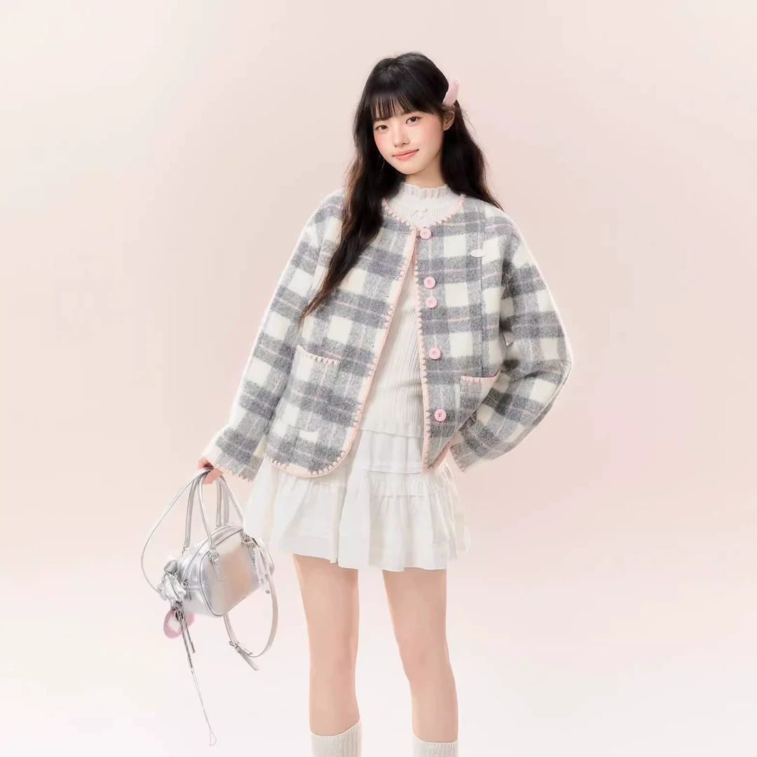 清umoumo 乌蘑（原 ntot）贝壳针淑女小香风格纹灰粉色外套NOTWT250