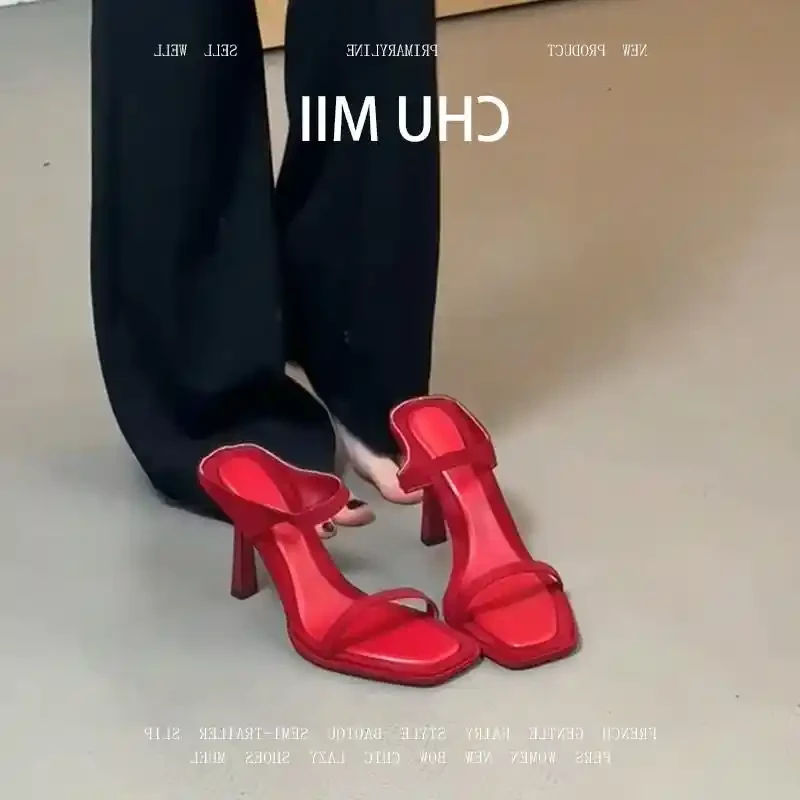 羊皮版~气质红色细跟高跟鞋女方头一字带凉拖鞋绝美性感露趾凉鞋