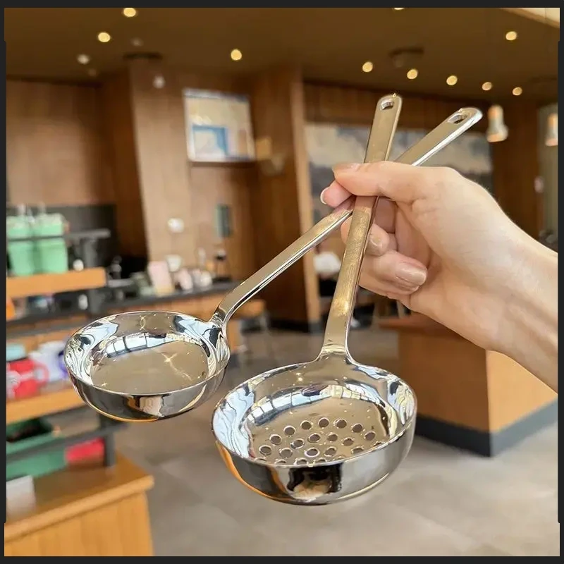 新款不锈钢高颜值家用厨房长柄火锅勺盛汤加深汤勺漏勺粥勺A517